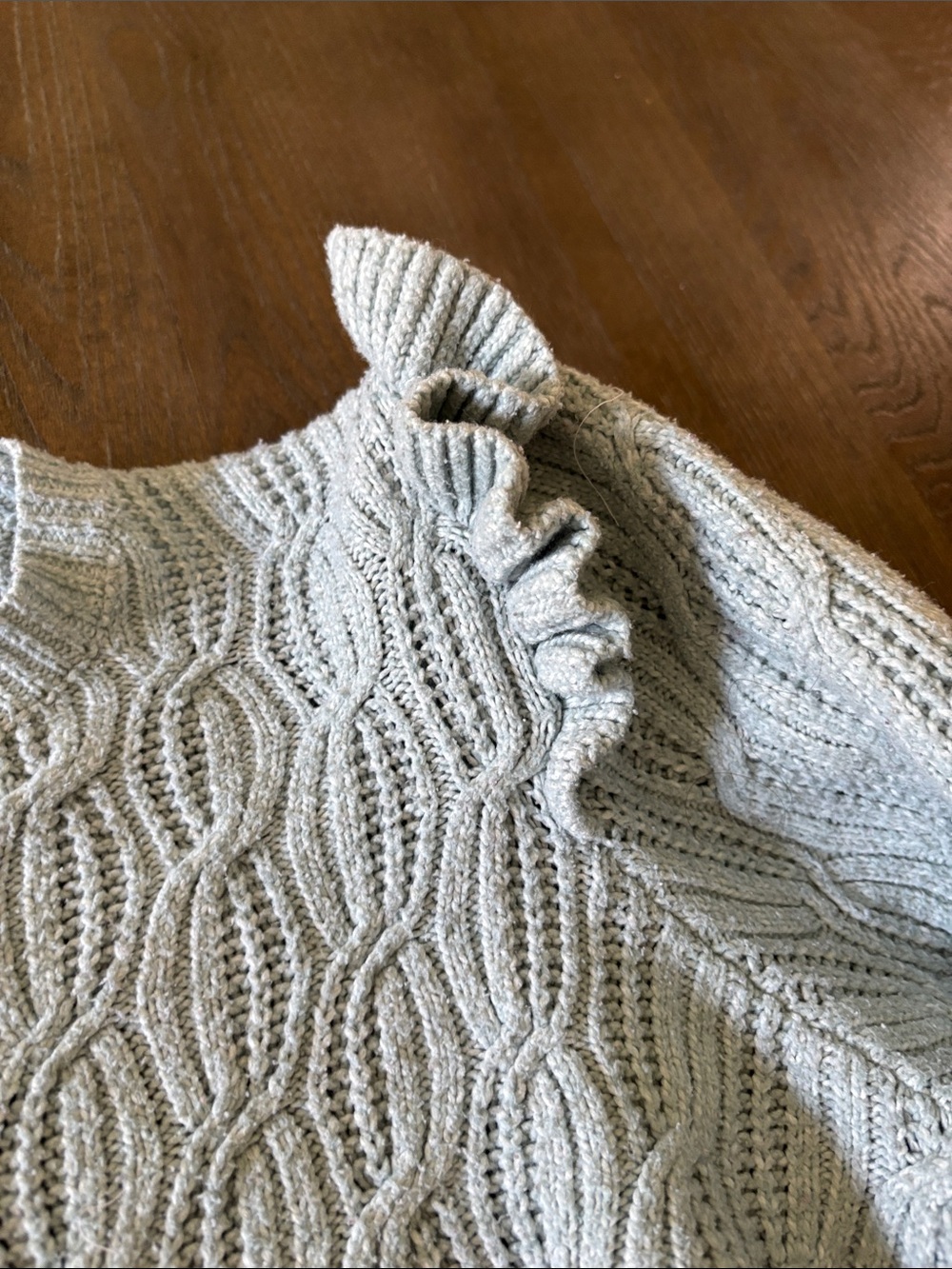 Light Blue Cable-Knit Ruffle Shoulder Sweater - Picture 2 of 4